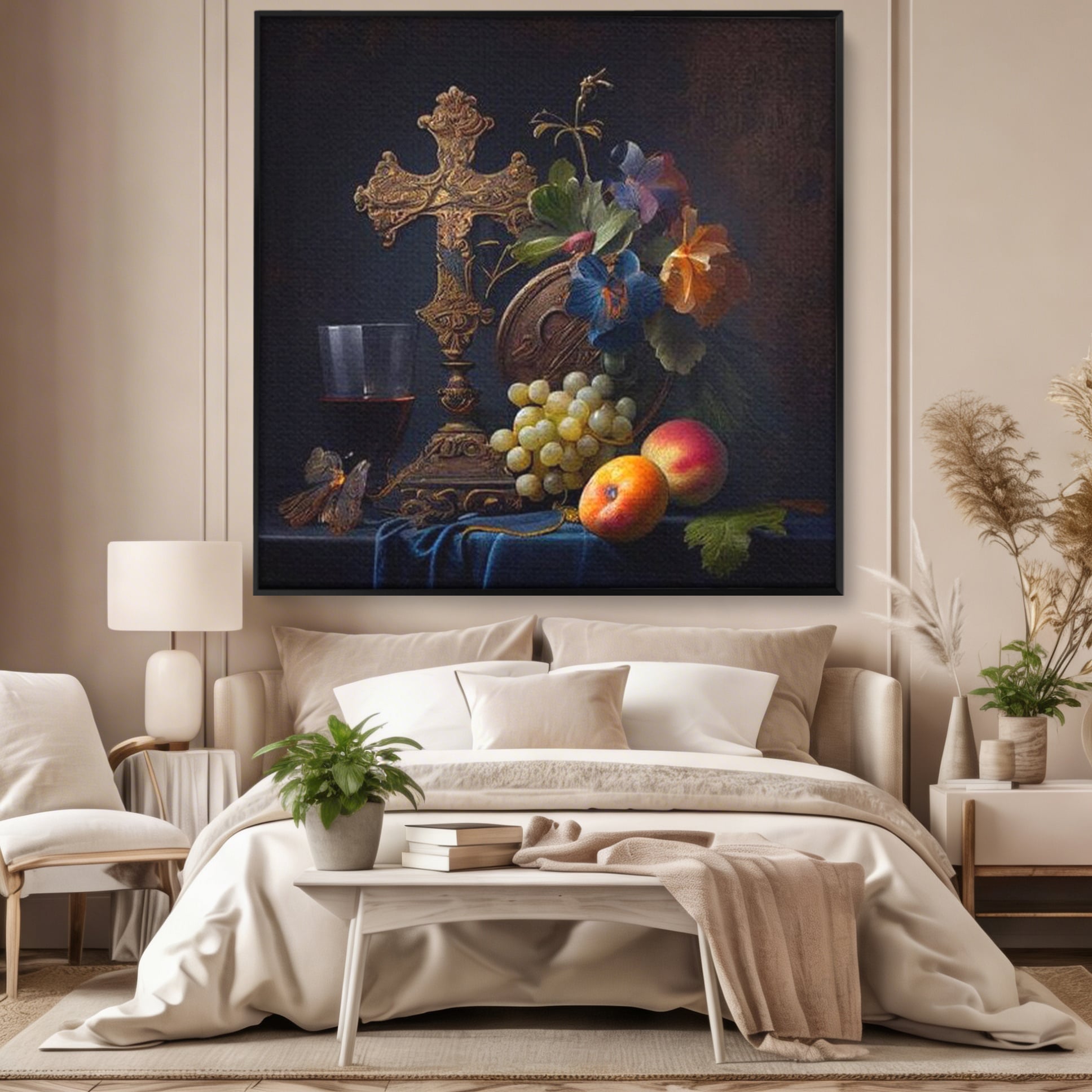 Tablou canvas cu natura statica religioasa cu cruce si fructe, in rama de aluminiu negru, pe perete intr-un dormitor
